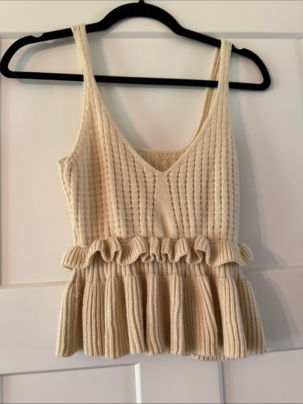 Cream Knit Ruffle Hem Tank Top